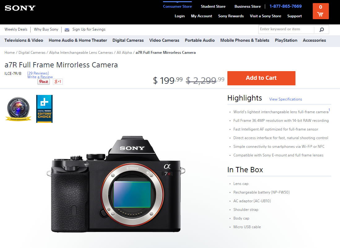 又标错价钱，Sonya7R只要USD$199.99？