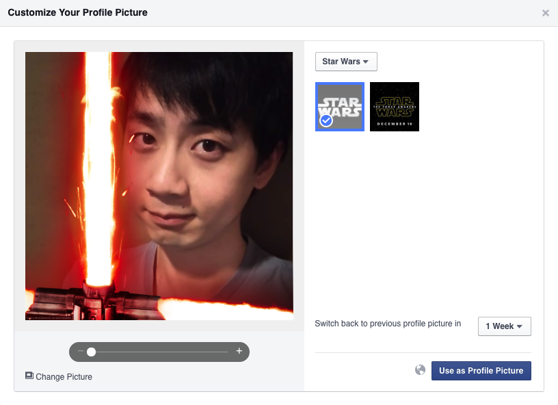 Facebook让你一Click头像即加StarWars激光剑！